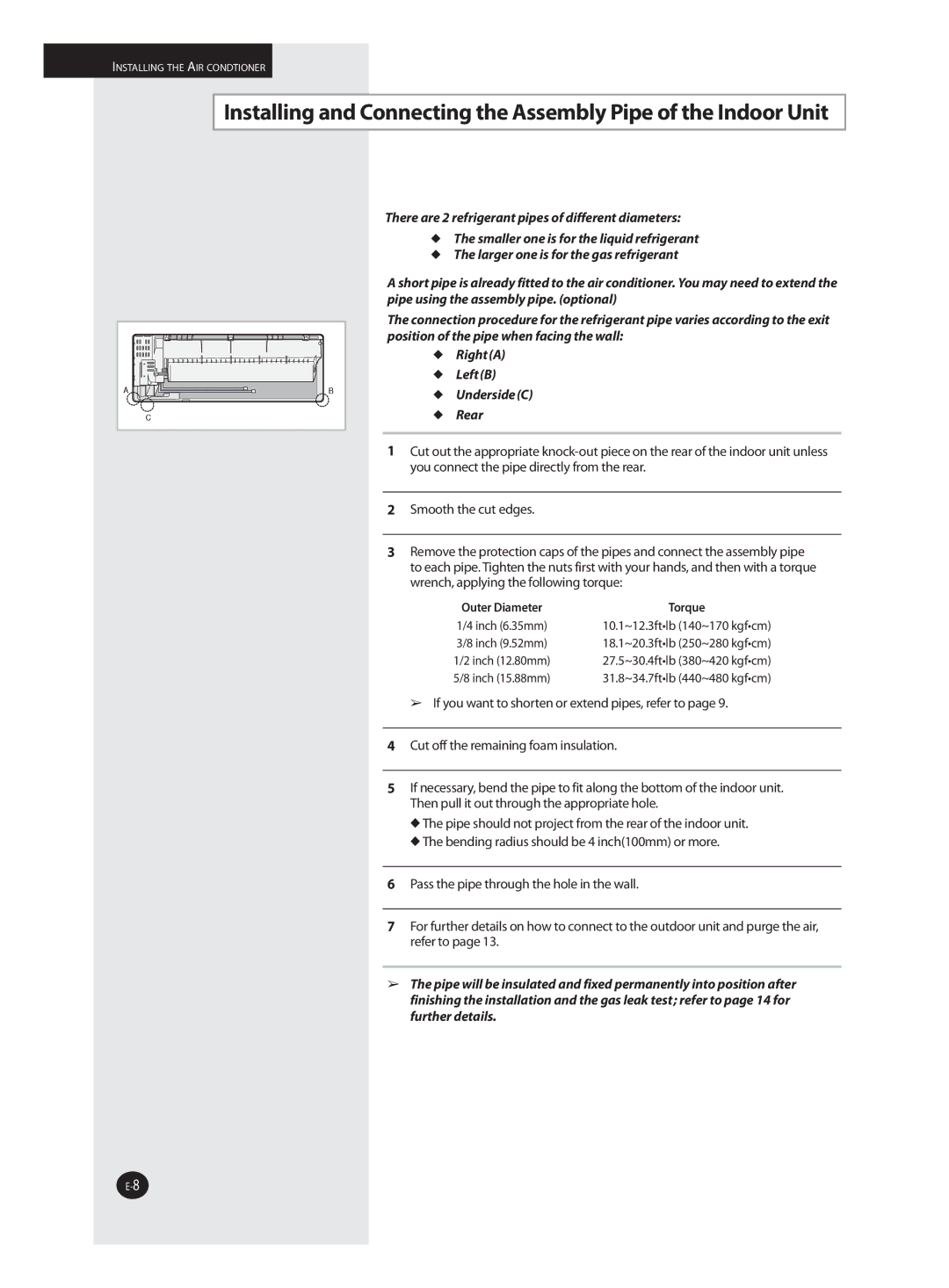 Samsung AQV09J installation manual Outer Diameter 