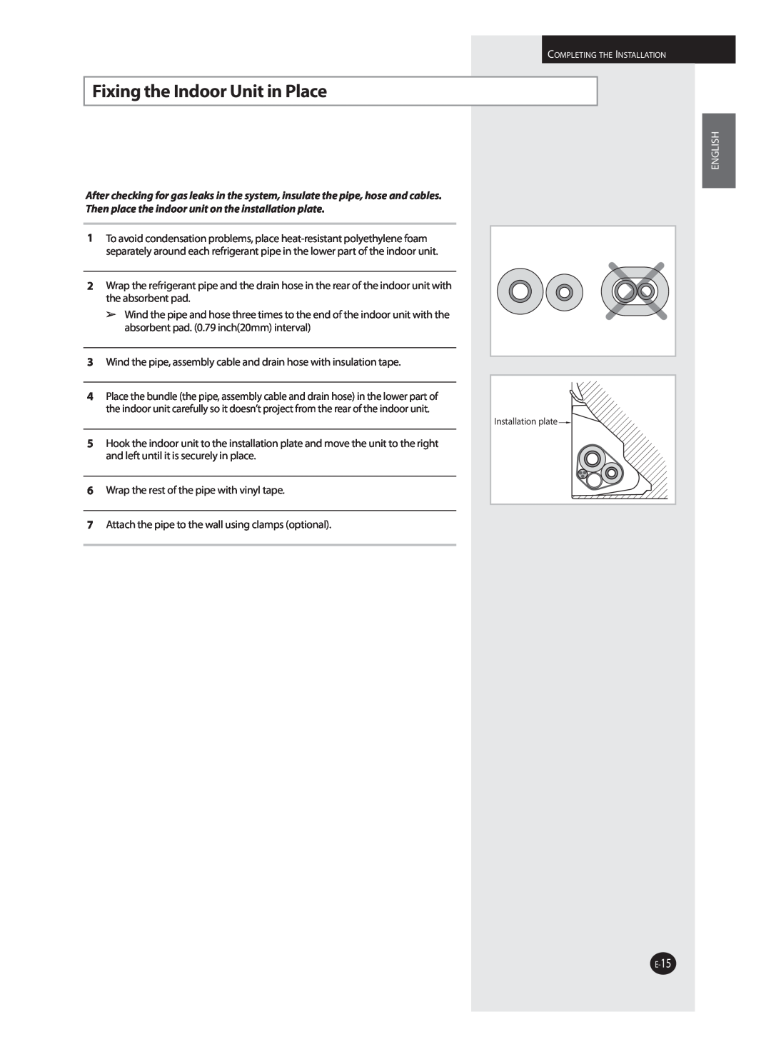 Samsung AQV09J installation manual Fixing the Indoor Unit in Place, English 