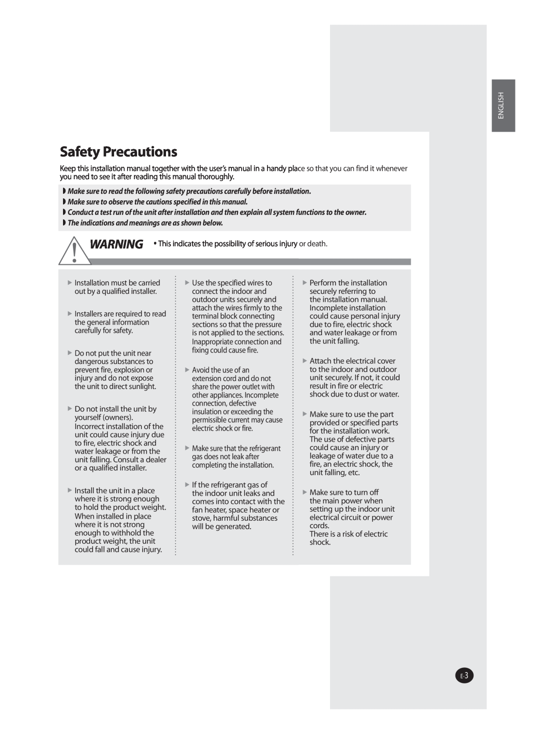 Samsung AQV09J installation manual The indications and meanings are as shown below, Safety Precautions 