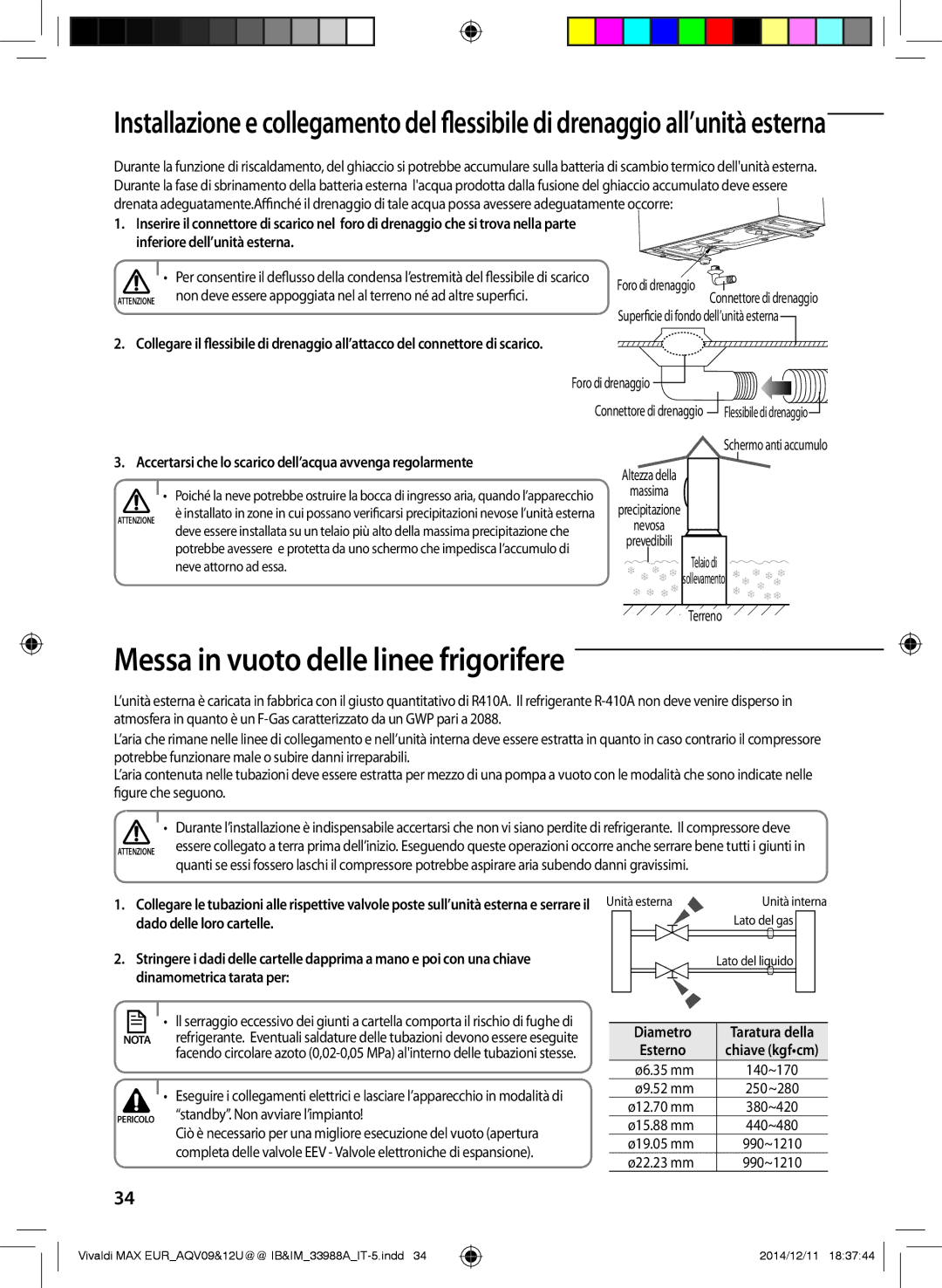 Samsung AQV09UGFXEUR Messa in vuoto delle linee frigorifere, Foro di drenaggio, Terreno, Standby. Non avviare l’impianto 