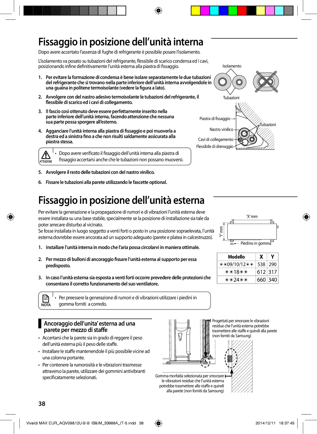 Samsung AQV24UGDNEUR, AQV09PWCNEUR manual Fissaggio in posizione dell’unità interna, Parete per mezzo di staffe, Predisposto 