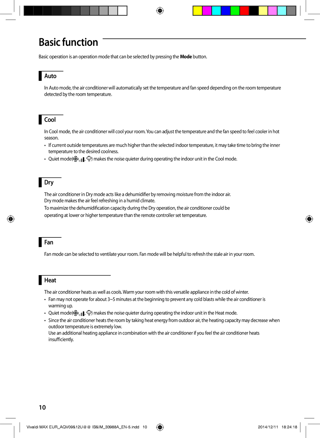 Samsung AQV18UGDXEUR, AQV09PWCNEUR, AQV09UGFXEUR, AQV10UWFXEUR, AQV18UGDNEUR, AQV09UGFNEUR, AQV24UGDNEUR manual Basic function 