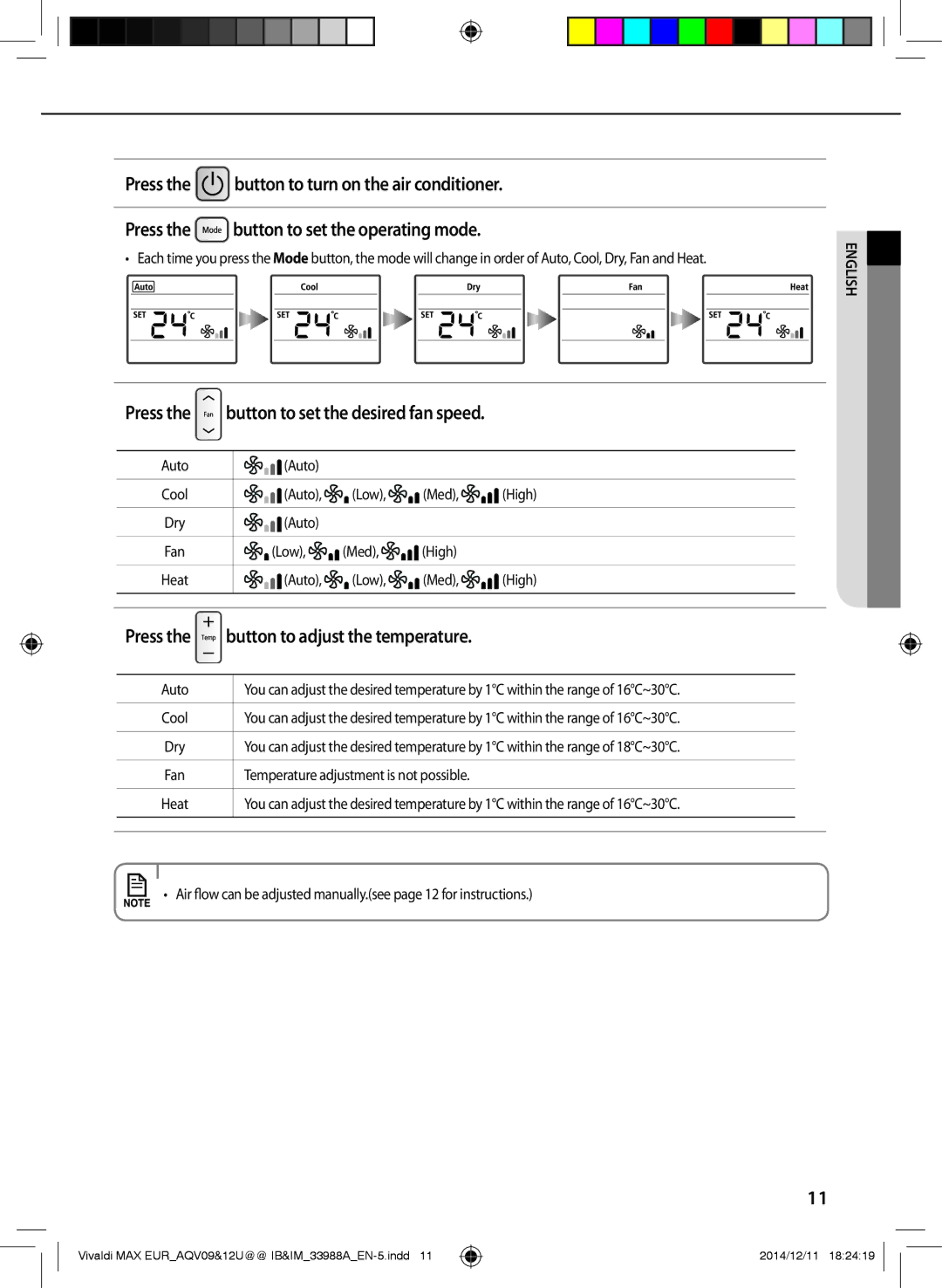 Samsung AQV09PWCNCEE, AQV09PWCNEUR, AQV09UGFXEUR, AQV10UWFXEUR, AQV18UGDNEUR manual Press, Button to adjust the temperature 