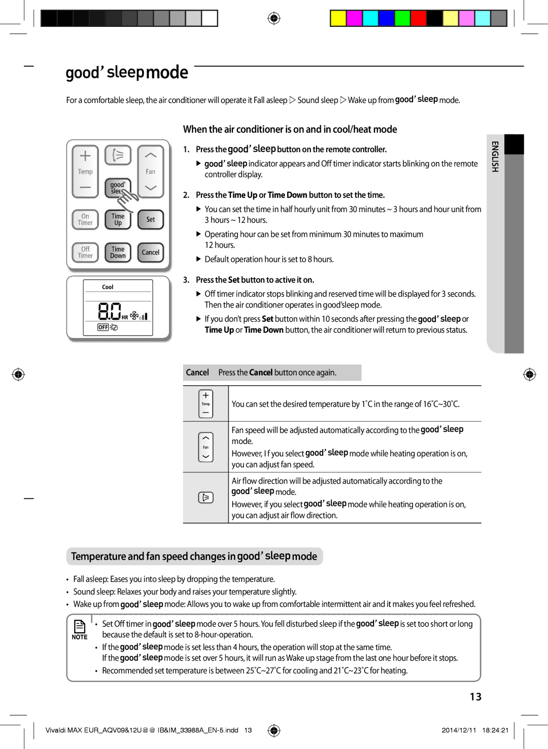 Samsung AQV09UGFXEUR Mode, When the air conditioner is on and in cool/heat mode, Press the button on the remote controller 