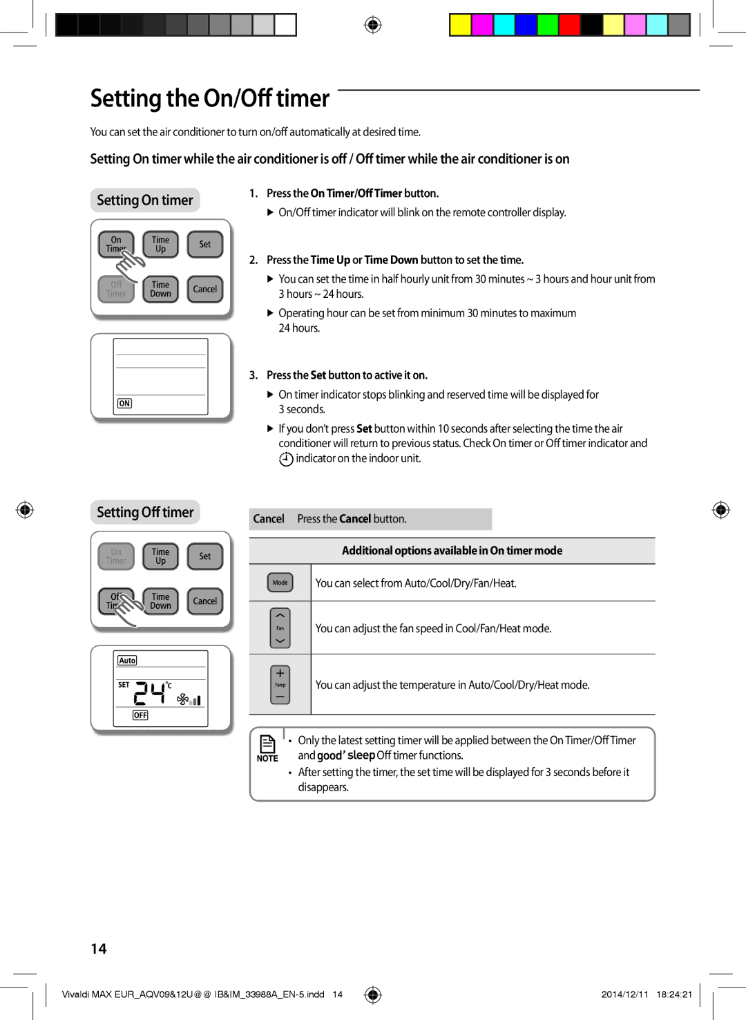 Samsung AQV10UWFXEUR manual Setting the On/Off timer, Press the On Timer/Off Timer button, Cancel Press the Cancel button 