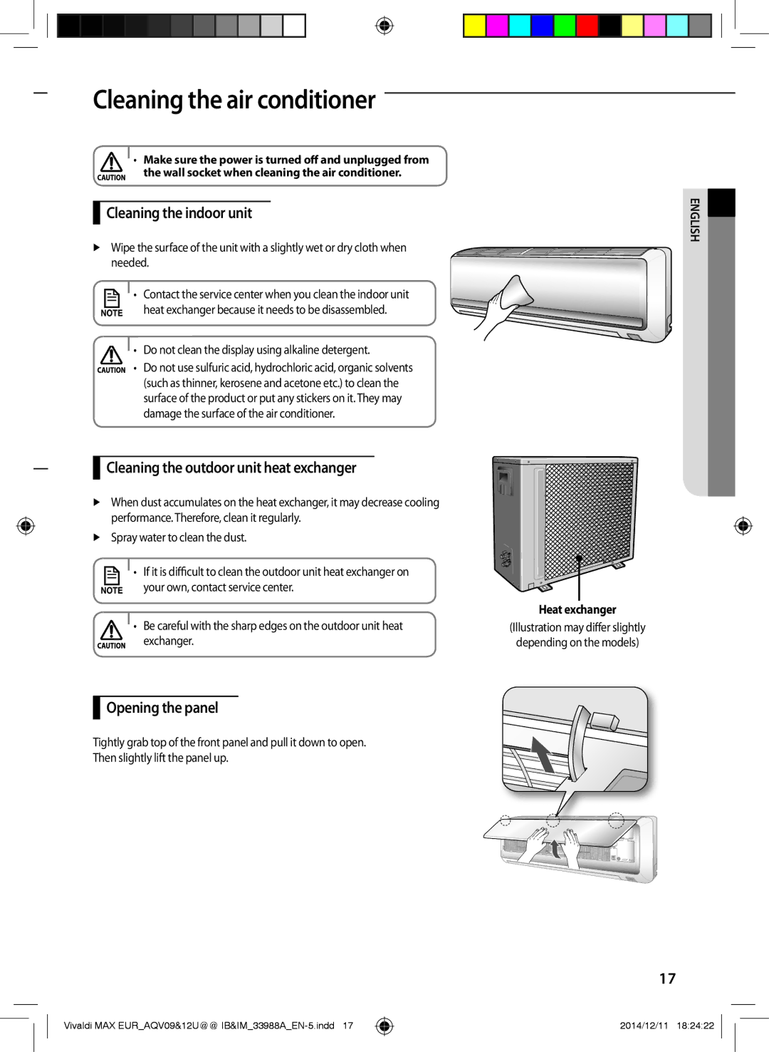 Samsung AQV24UGDNEUR Cleaning the air conditioner, Cleaning the indoor unit, Cleaning the outdoor unit heat exchanger 