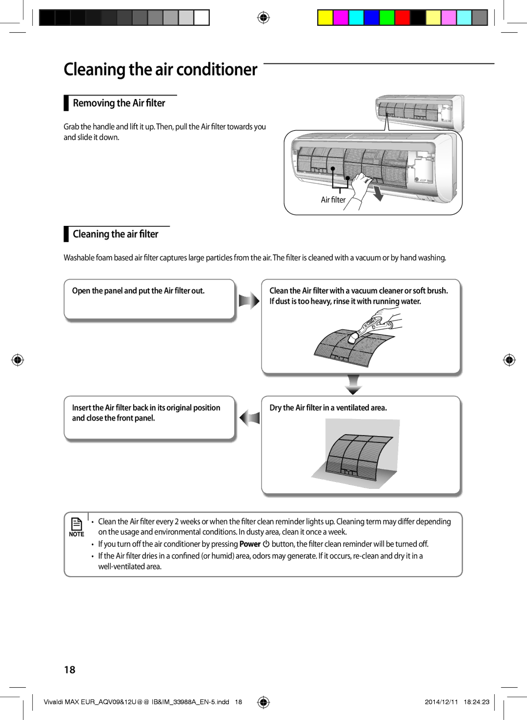 Samsung AQV12UGFNEUR manual Removing the Air filter, Cleaning the air filter, Open the panel and put the Air filter out 