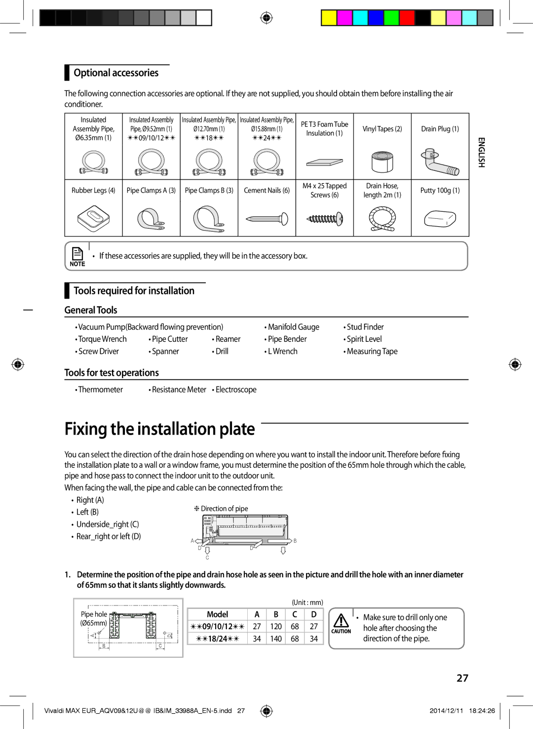 Samsung AQV18UGDNEUR Fixing the installation plate, Optional accessories, Tools required for installation General Tools 