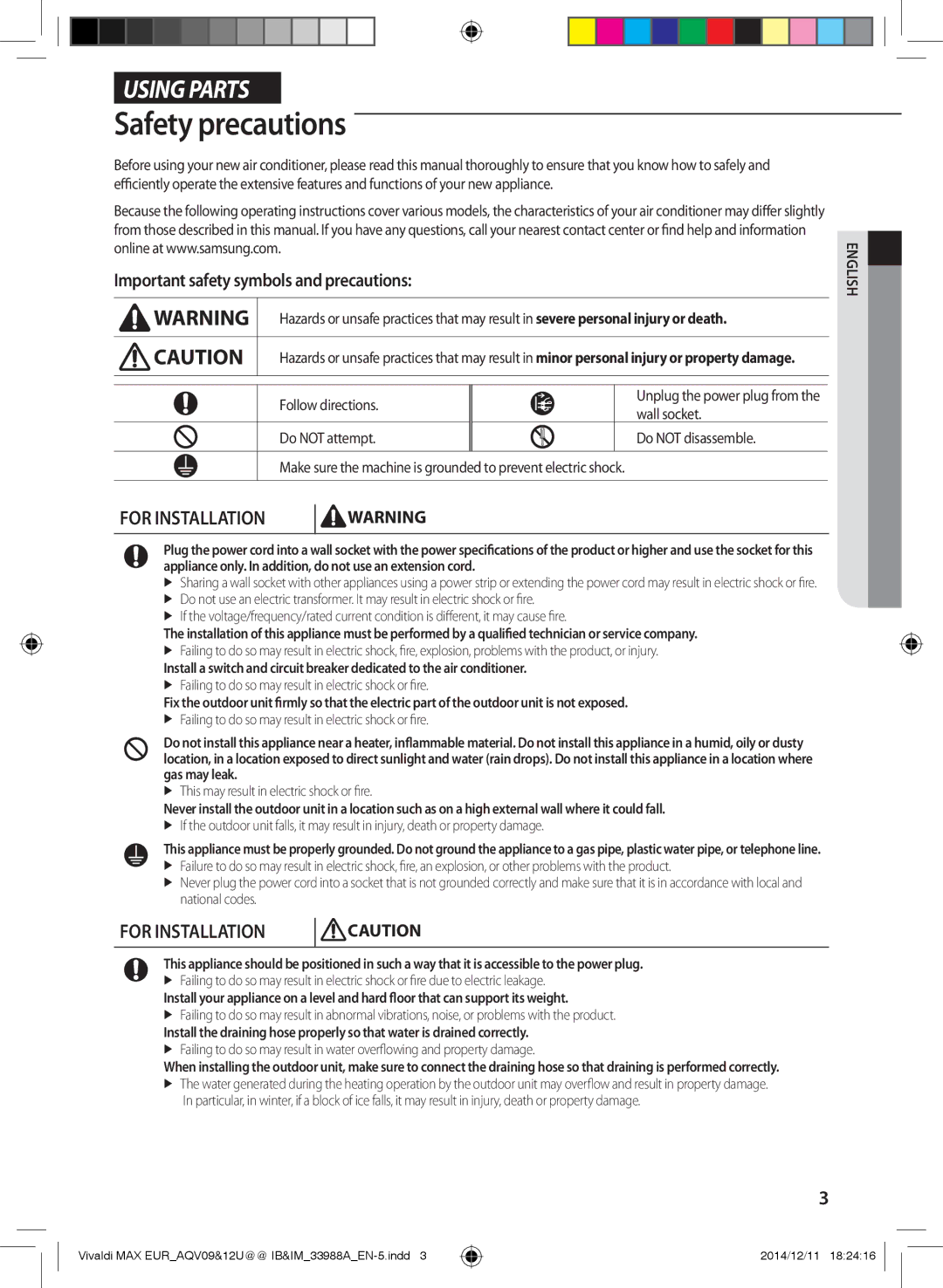 Samsung AQV18UGDNEUR manual Safety precautions, Important safety symbols and precautions, Follow directions, Wall socket 