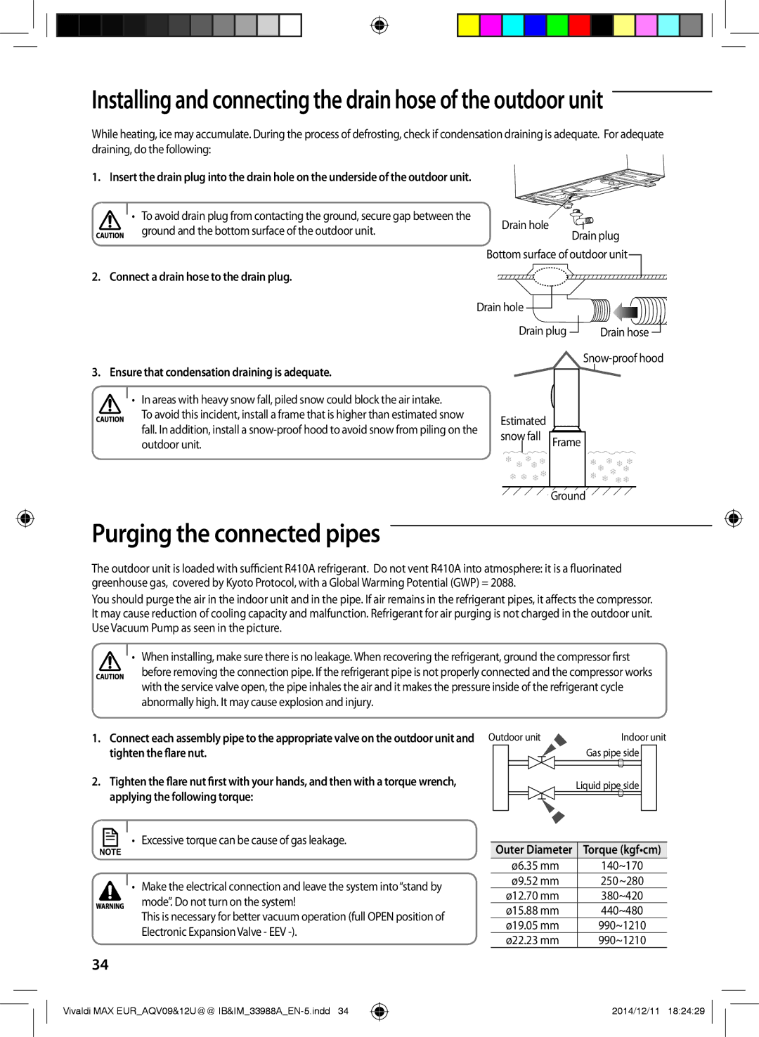 Samsung AQV18UGDXEUR, AQV09PWCNEUR, AQV09UGFXEUR manual Purging the connected pipes, Connect a drain hose to the drain plug 