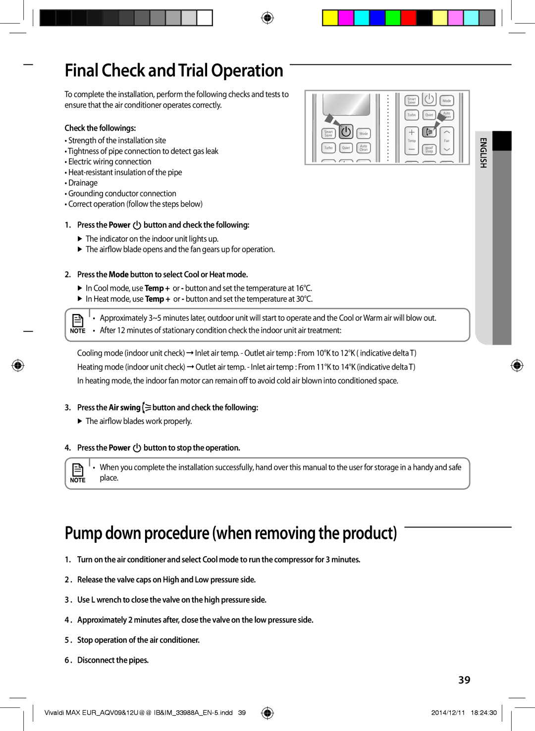 Samsung AQV18UGDNEUR, AQV09PWCNEUR, AQV09UGFXEUR, AQV10UWFXEUR, AQV09UGFNEUR, AQV24UGDNEUR Final Check and Trial Operation 