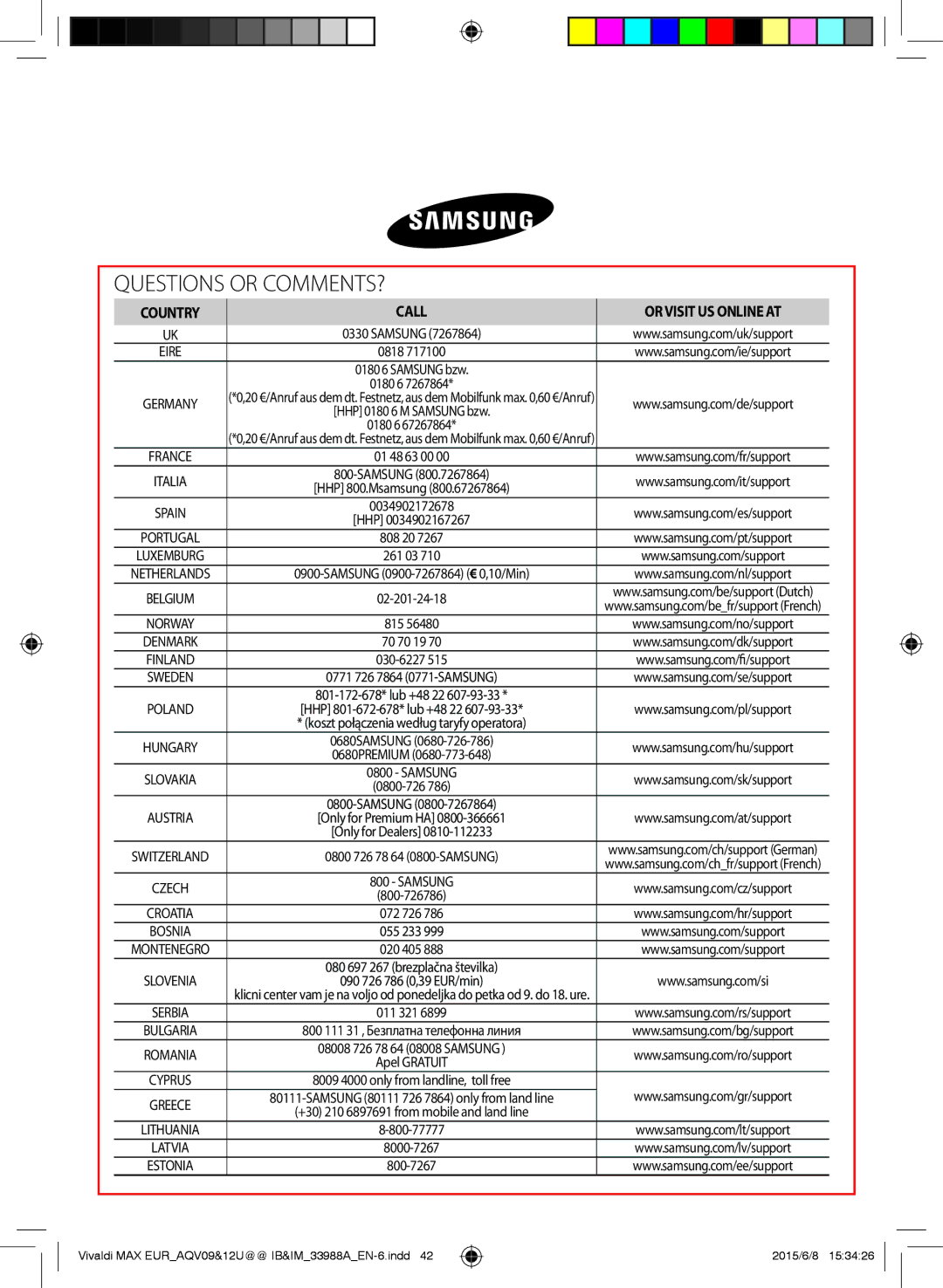 Samsung AQV12UGFNEUR, AQV09PWCNEUR, AQV09UGFXEUR, AQV10UWFXEUR, AQV18UGDNEUR, AQV09UGFNEUR, AQV24UGDNEUR Questions or COMMENTS? 