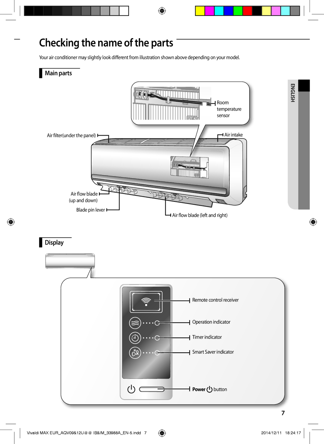 Samsung AQV10UWFNEUR, AQV09PWCNEUR, AQV09UGFXEUR manual Checking the name of the parts, Main parts, Display, Power button 