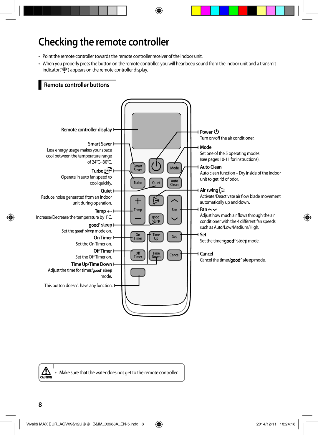 Samsung AQV12UGFXEUR, AQV09PWCNEUR, AQV09UGFXEUR, AQV10UWFXEUR Checking the remote controller, Remote controller buttons 