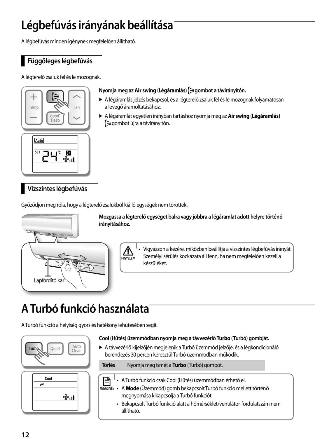 Samsung AQV09PWCXCEE, AQV09PWCNEUR manual Légbefúvás irányának beállítása, Turbó funkció használata, Függőleges légbefúvás 