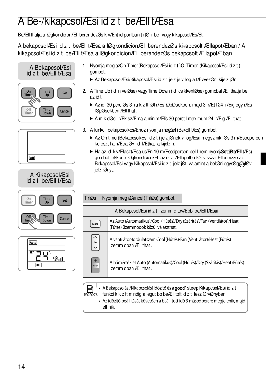 Samsung AQV12PWCNCEE manual Be-/kikapcsolási időzítő beállítása, Funkció bekapcsolásához nyomja meg a Set Beállítás gombot 