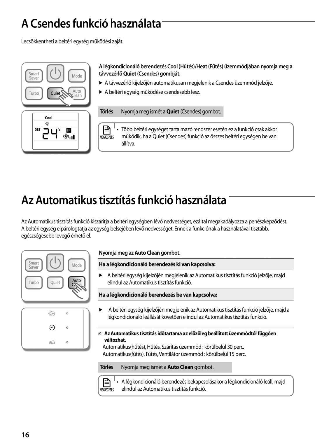 Samsung AQV12PWCXCEE, AQV09PWCNEUR, AQV09PWCXCEE Csendes funkció használata, Az Automatikus tisztítás funkció használata 