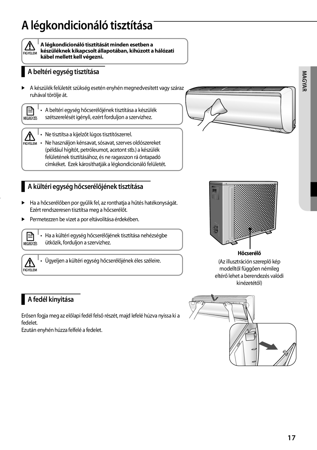 Samsung AQV09PWCXCEE manual Légkondicionáló tisztítása, Beltéri egység tisztítása, Kültéri egység hőcserélőjének tisztítása 