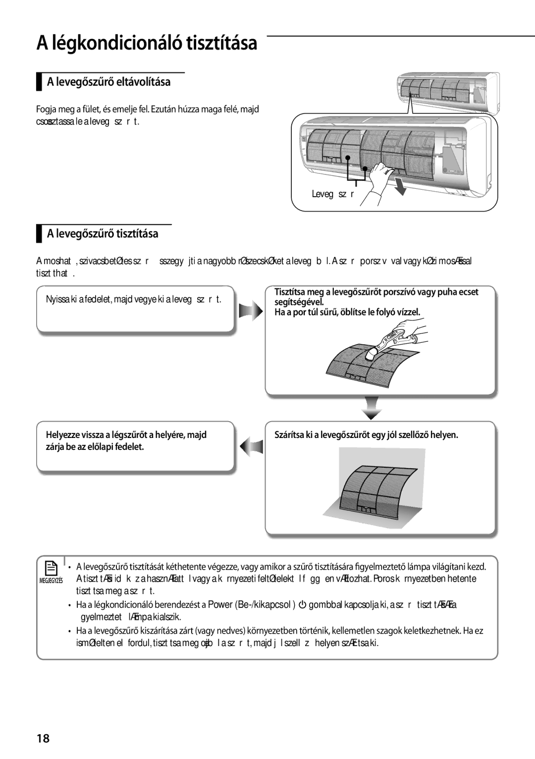 Samsung AQV09PWCNCEE, AQV09PWCNEUR, AQV12PWCXCEE, AQV09PWCXCEE, AQV12PWCNCEE Levegőszűrő eltávolítása, Levegőszűrő tisztítása 