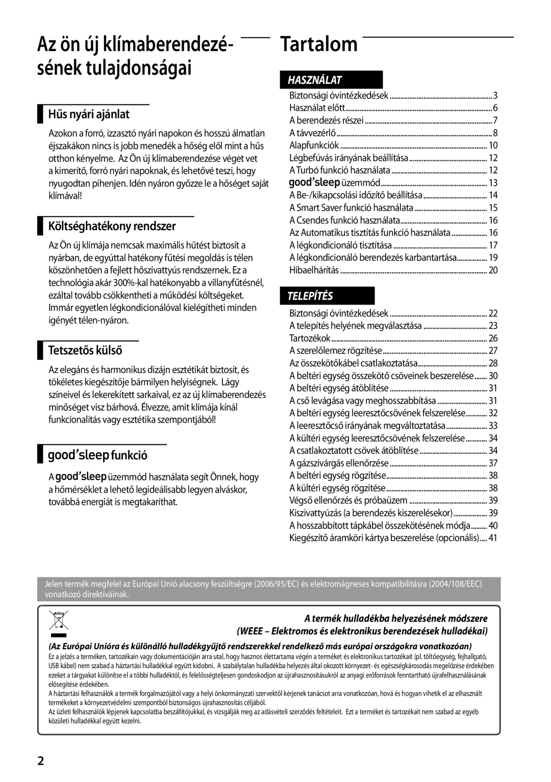 Samsung AQV09PWCXCEE, AQV09PWCNEUR manual Tartalom, Hűs nyári ajánlat, Költséghatékony rendszer, Tetszetős külső, Funkció 