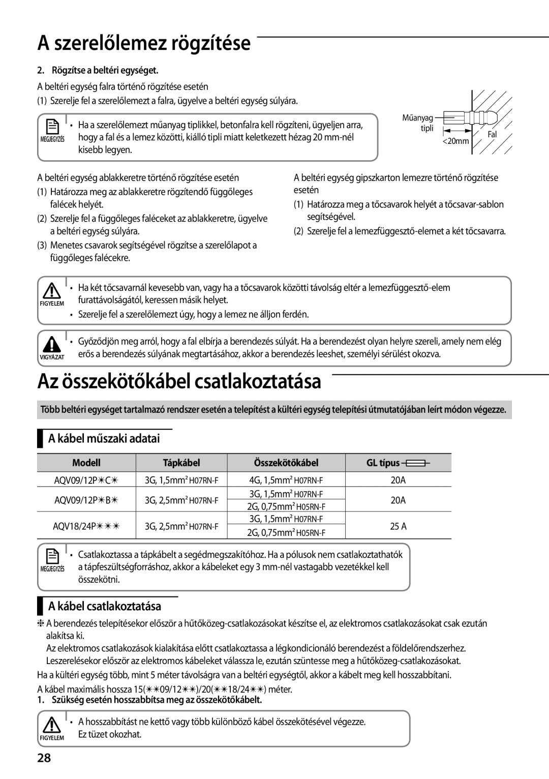 Samsung AQV09PWCNCEE, AQV09PWCNEUR manual Az összekötőkábel csatlakoztatása, Kábel műszaki adatai, Kábel csatlakoztatása 