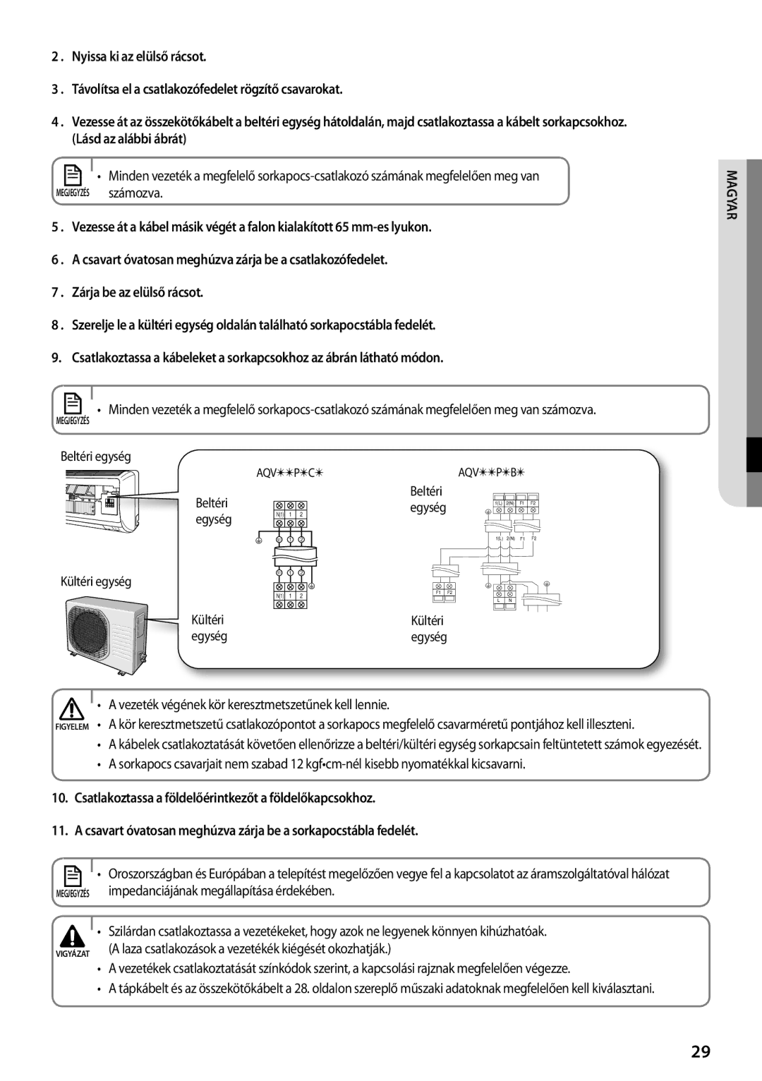 Samsung AQV12PWCNCEE, AQV09PWCNEUR, AQV12PWCXCEE, AQV09PWCXCEE manual Vezeték végének kör keresztmetszetűnek kell lennie 