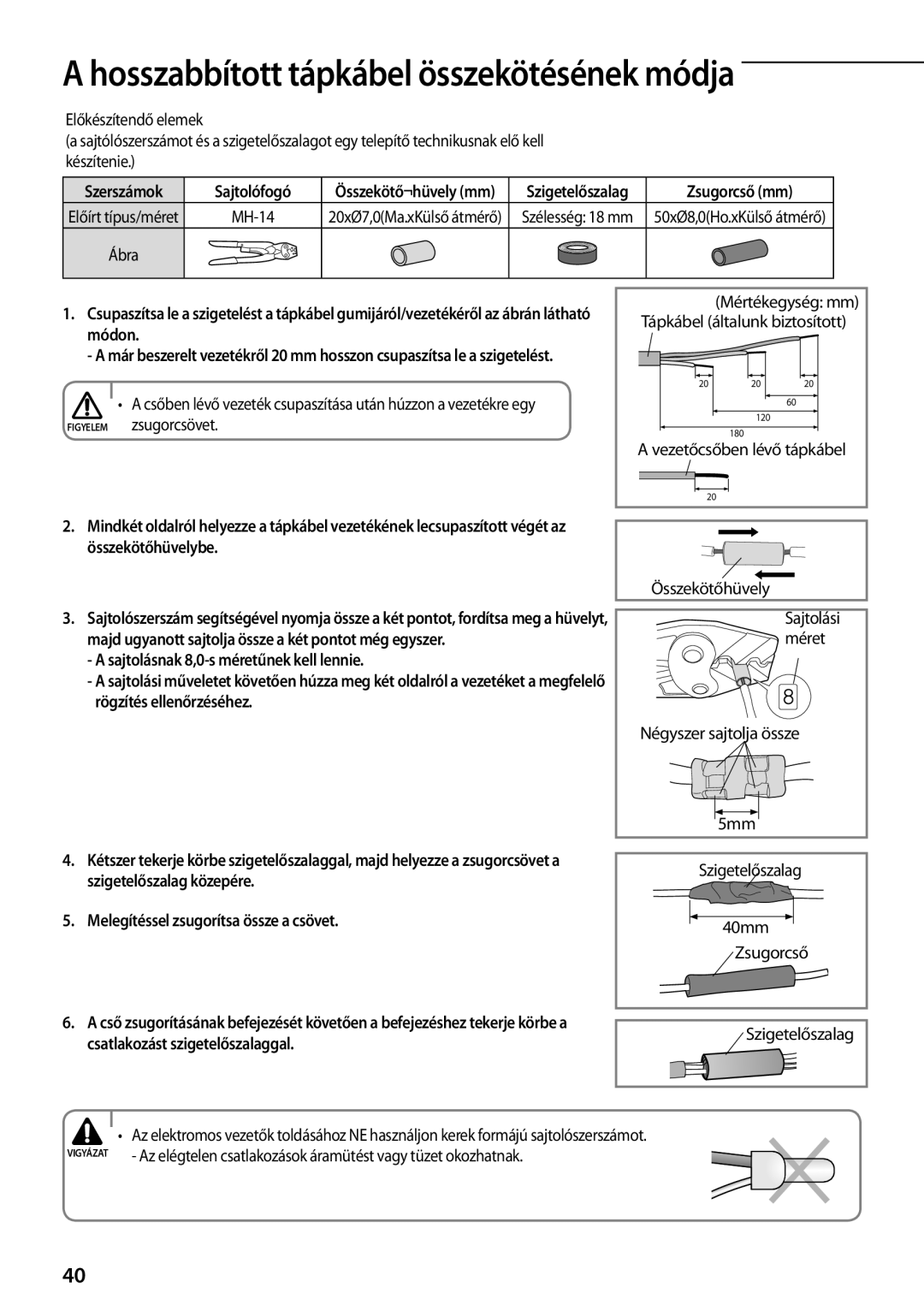 Samsung AQV09PWCNEUR manual Mértékegység mm Tápkábel általunk biztosított, Vezetőcsőben lévő tápkábel Összekötőhüvely 