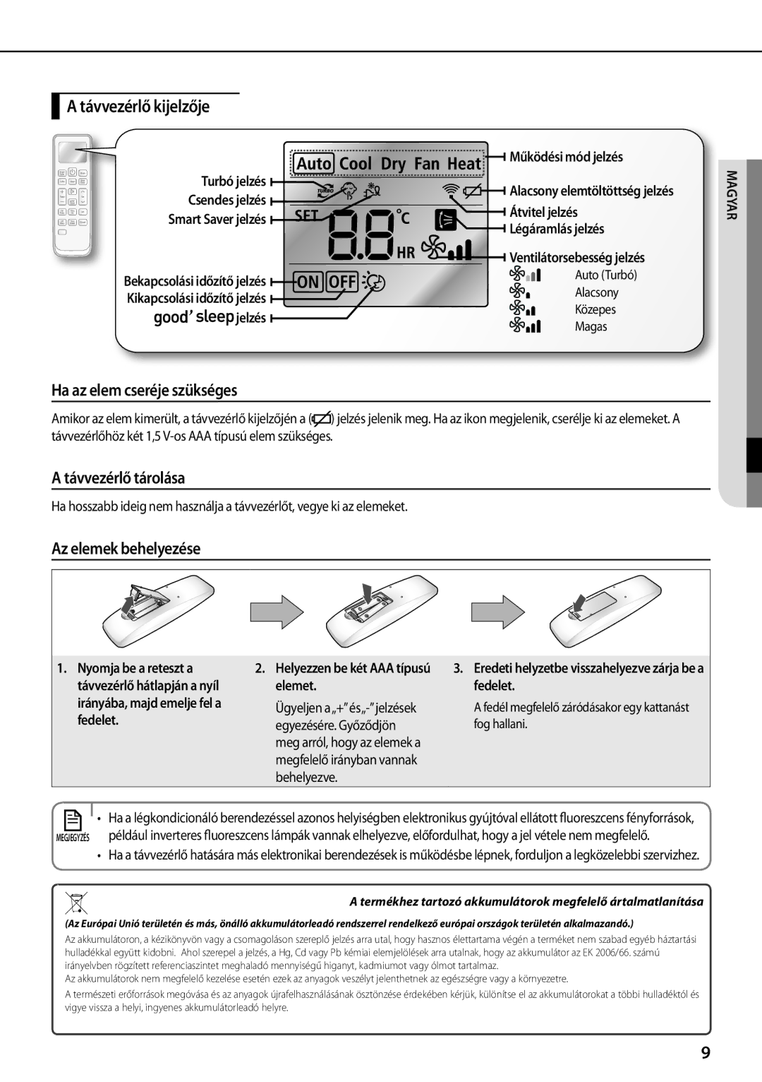 Samsung AQV12PWCNCEE manual Távvezérlő kijelzője, Ha az elem cseréje szükséges, Távvezérlő tárolása, Az elemek behelyezése 