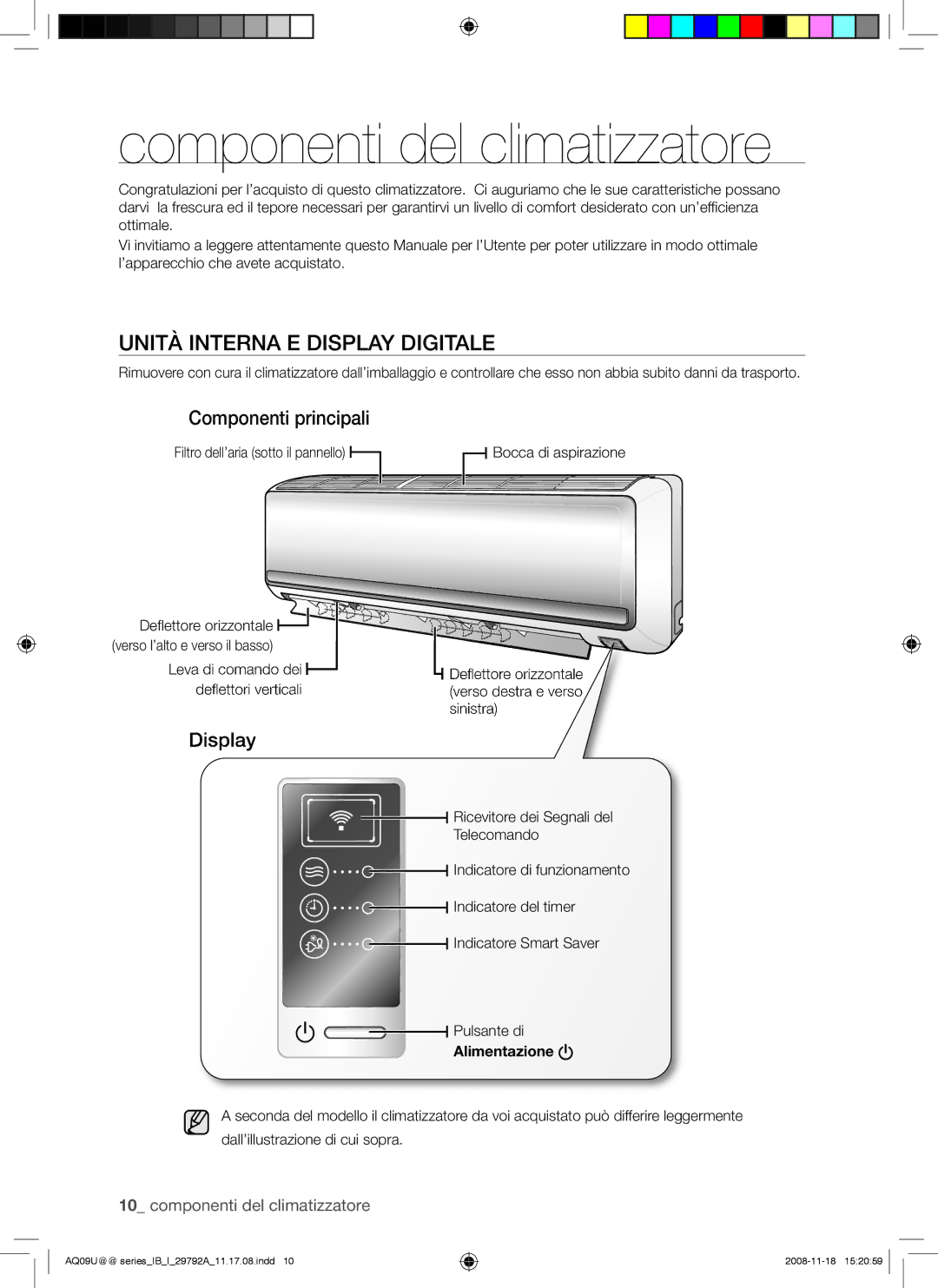 Samsung AQV24UGAN, AQV09UGAN manual Componenti del climatizzatore, Unità Interna E Display Digitale, Componenti principali 