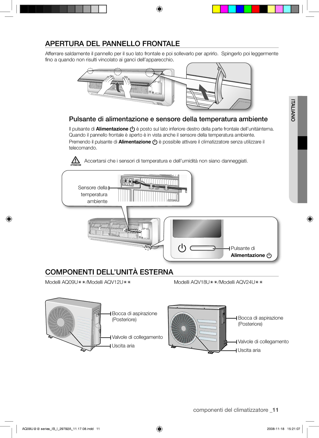 Samsung AQV18UGAN manual Apertura DEL Pannello Frontale, Componenti DELL’UNITÀ Esterna, Modelli AQ09U/Modelli AQV12U 