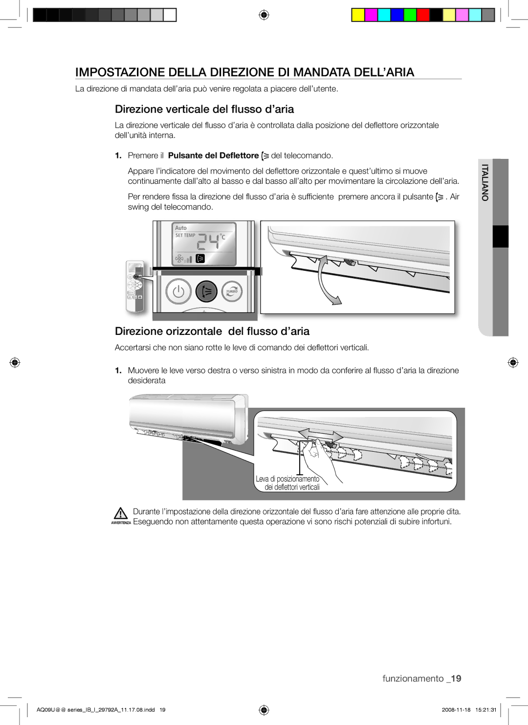 Samsung AQV18UGAN, AQV09UGAN manual Impostazione Della Direzione DI Mandata DELL’ARIA, Direzione verticale del flusso d’aria 