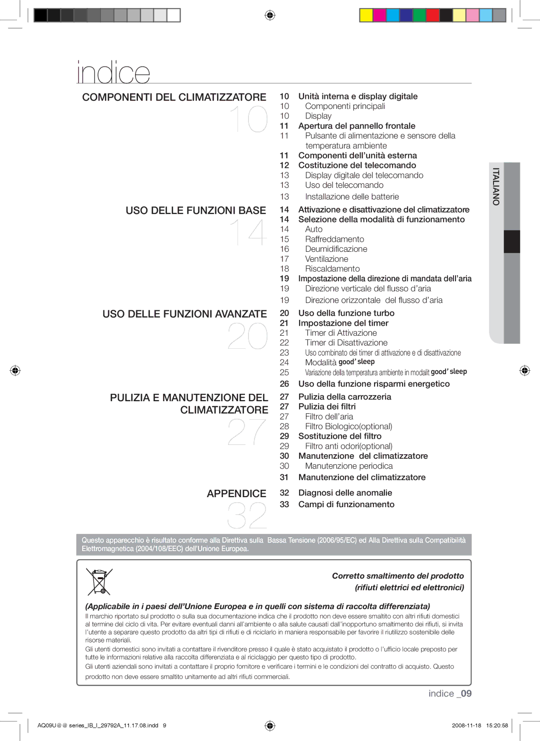 Samsung AQV24UGAX, AQV09UGAN, AQV24UGAN, AQV18UGAN, AQV18UGAX, AQV12UGAN, AQV12UGAX, AQV09UGAX manual Indice, Modalità 