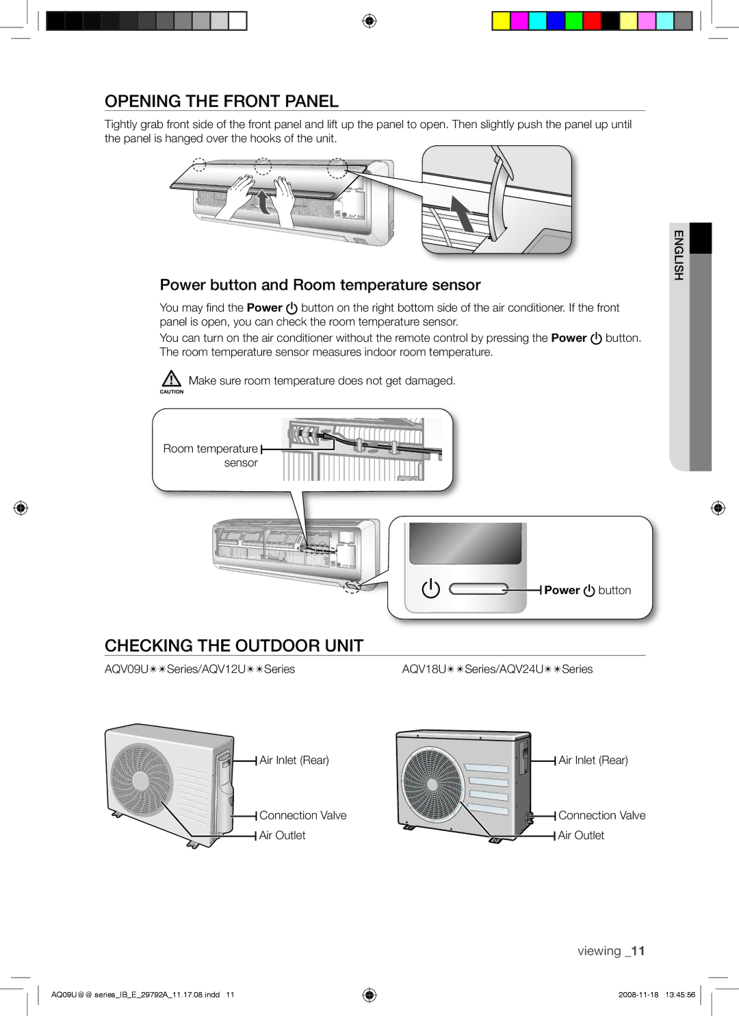 Samsung AQV18UGAN, AQV09UGAN Opening the Front Panel, Checking the Outdoor Unit, Power button and Room temperature sensor 