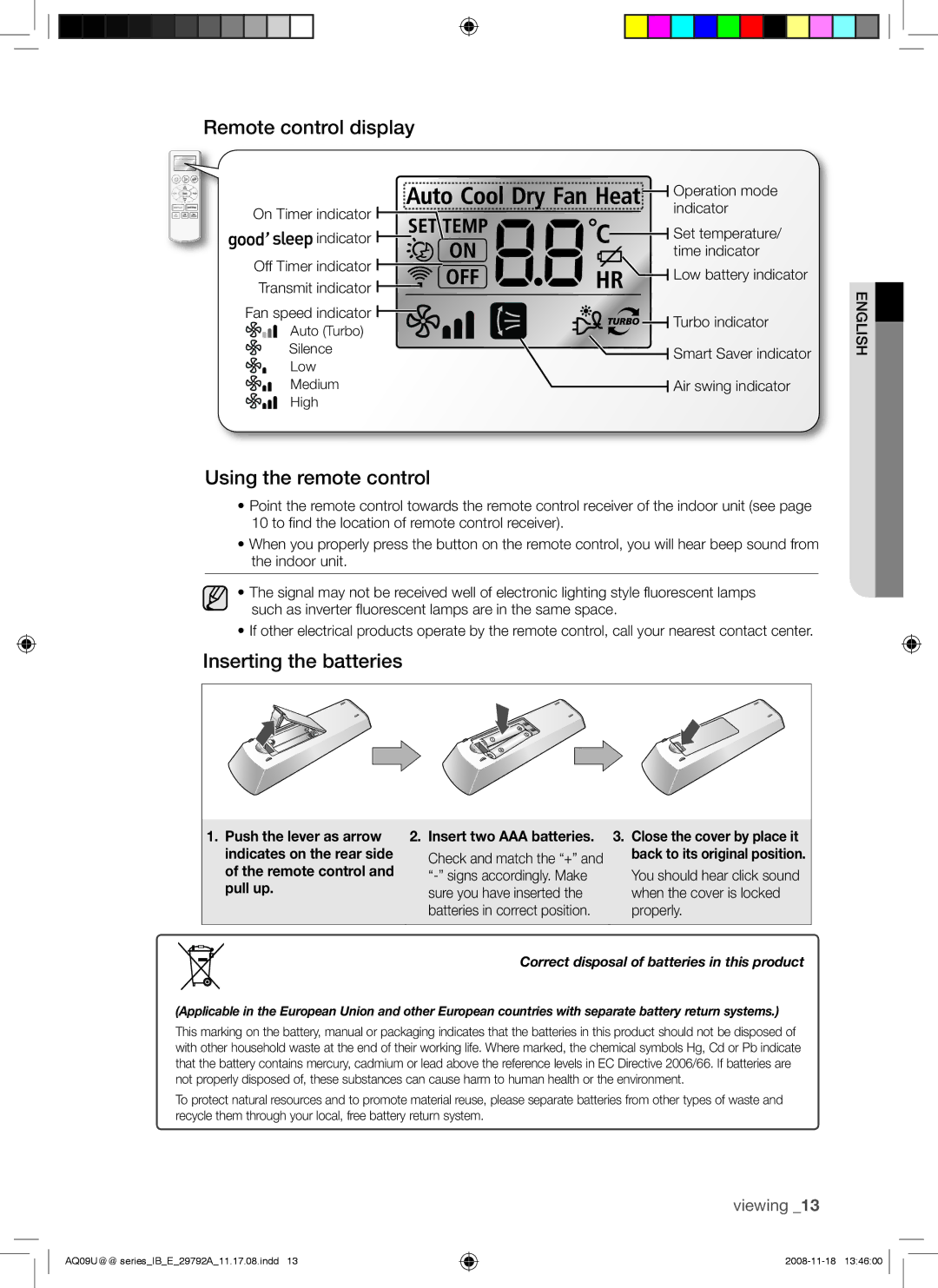 Samsung AQV12UGAN, AQV09UGAN, AQV24UGAX, AQV24UGAN Remote control display, Using the remote control, Inserting the batteries 