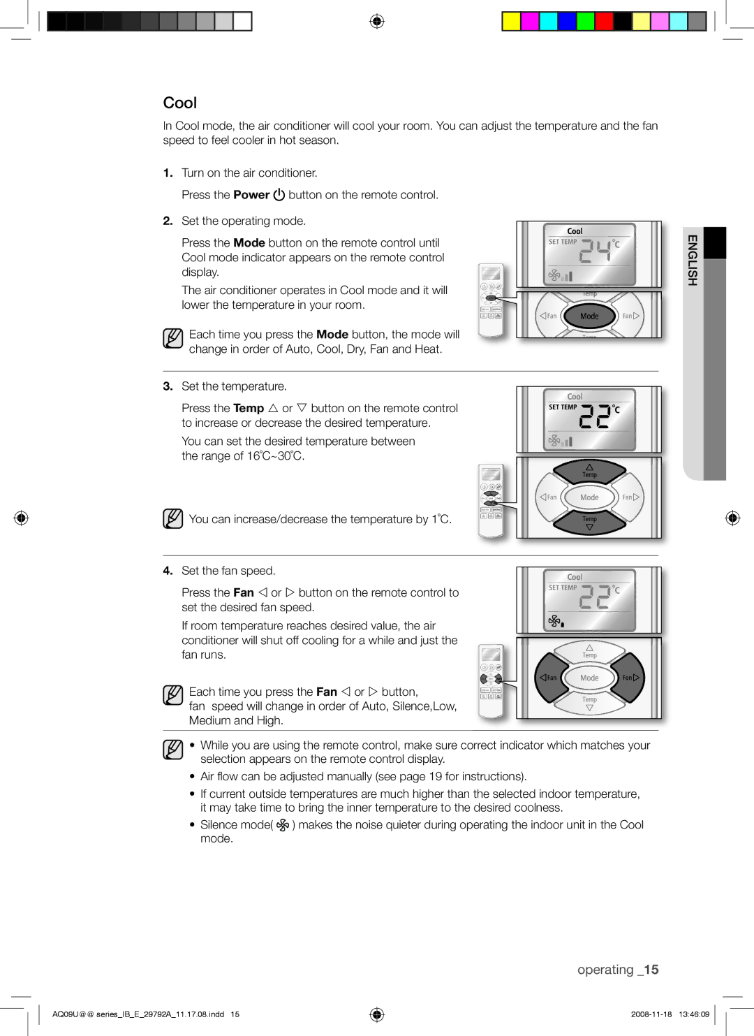 Samsung AQV09UGAX, AQV09UGAN, AQV24UGAX, AQV24UGAN, AQV18UGAN, AQV18UGAX, AQV12UGAN, AQV12UGAX manual Cool, Set the temperature 