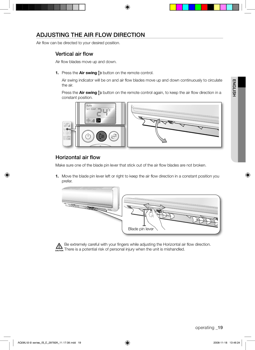 Samsung AQV18UGAN, AQV09UGAN, AQV24UGAX, AQV24UGAN Adjusting the AIR Flow Direction, Vertical air flow, Horizontal air flow 