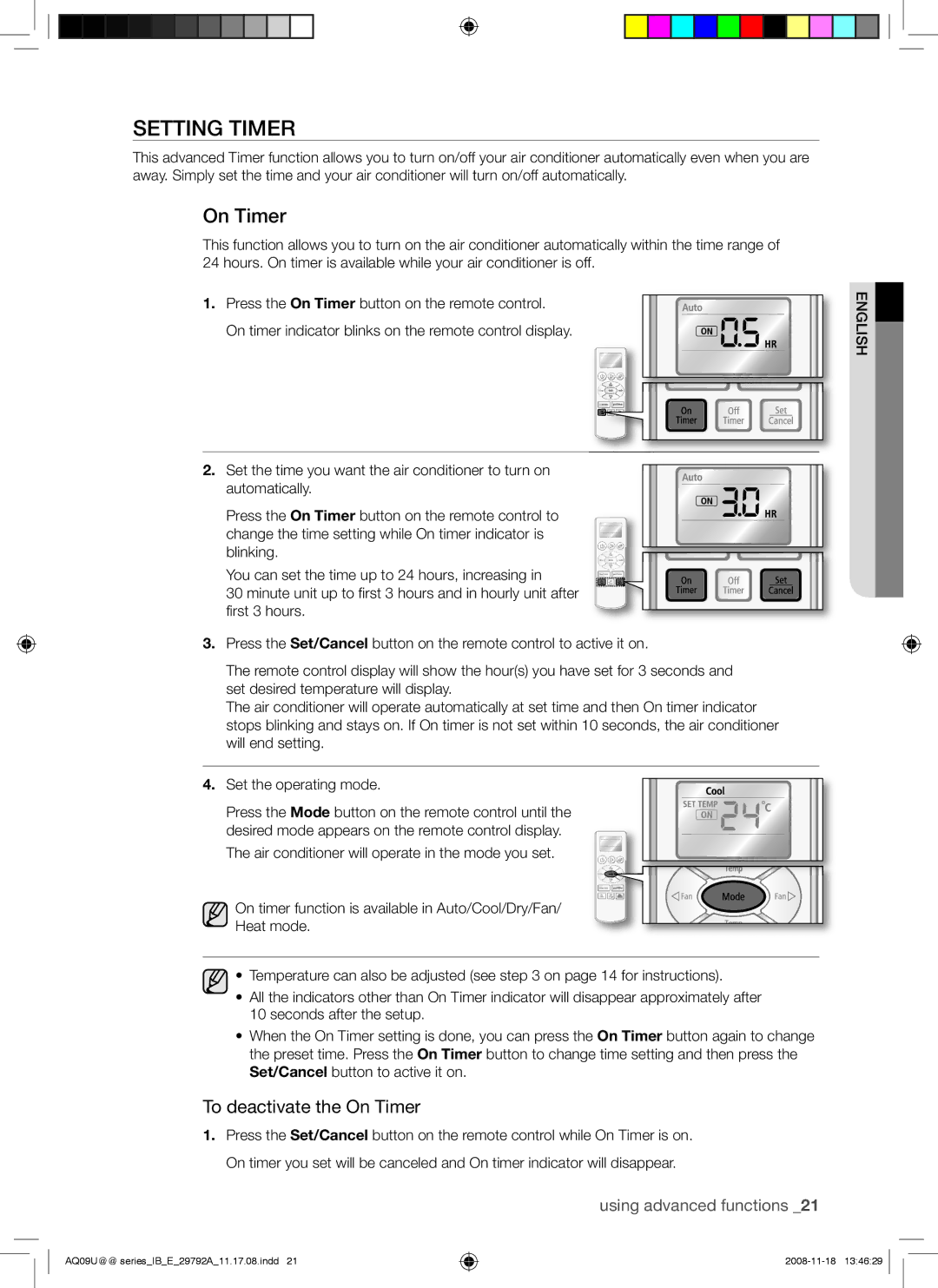 Samsung AQV12UGAN, AQV09UGAN, AQV24UGAX, AQV24UGAN, AQV18UGAN, AQV18UGAX manual Setting Timer, To deactivate the On Timer 