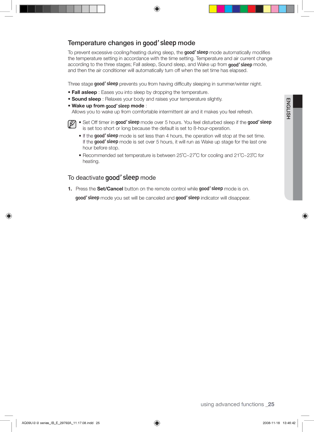 Samsung AQV24UGAX, AQV09UGAN, AQV24UGAN, AQV18UGAN manual Temperature changes in mode, To deactivate mode, Wake up from mode 