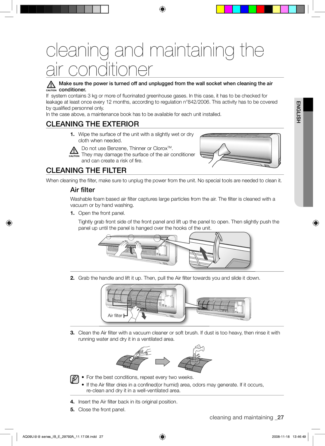 Samsung AQV18UGAN Cleaning and maintaining the air conditioner, Cleaning the Exterior, Cleaning the Filter, Air filter 