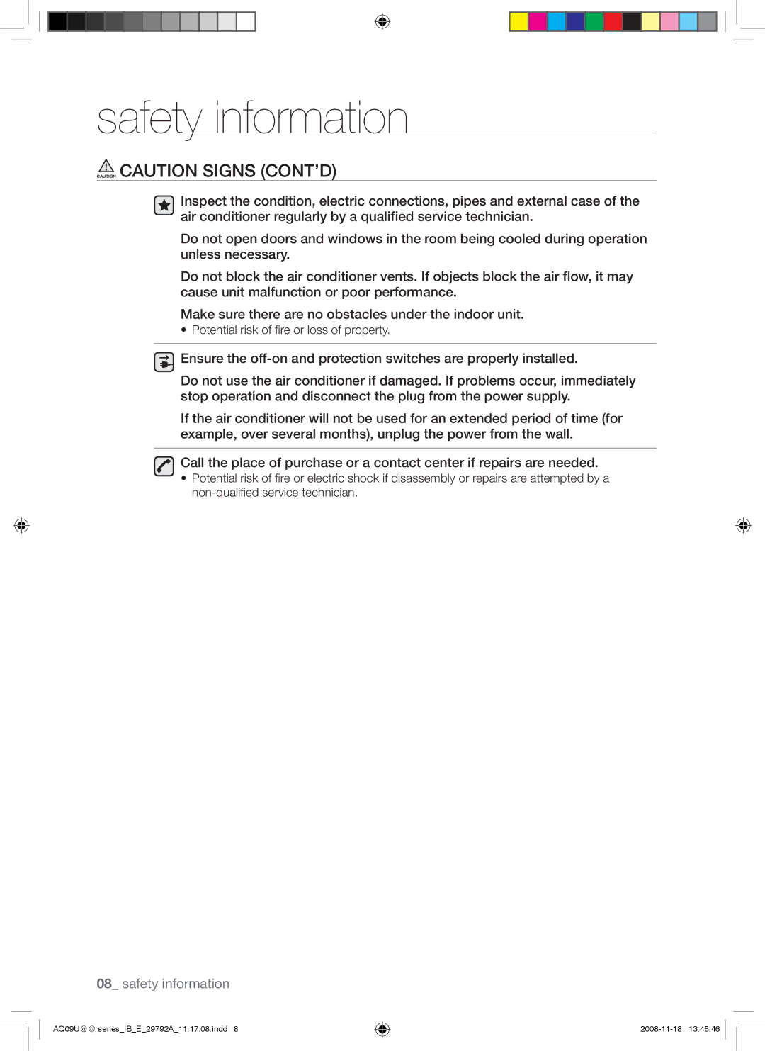 Samsung AQV09UGAN, AQV24UGAX, AQV24UGAN, AQV18UGAN, AQV18UGAX, AQV12UGAN, AQV12UGAX Potential risk of fire or loss of property 