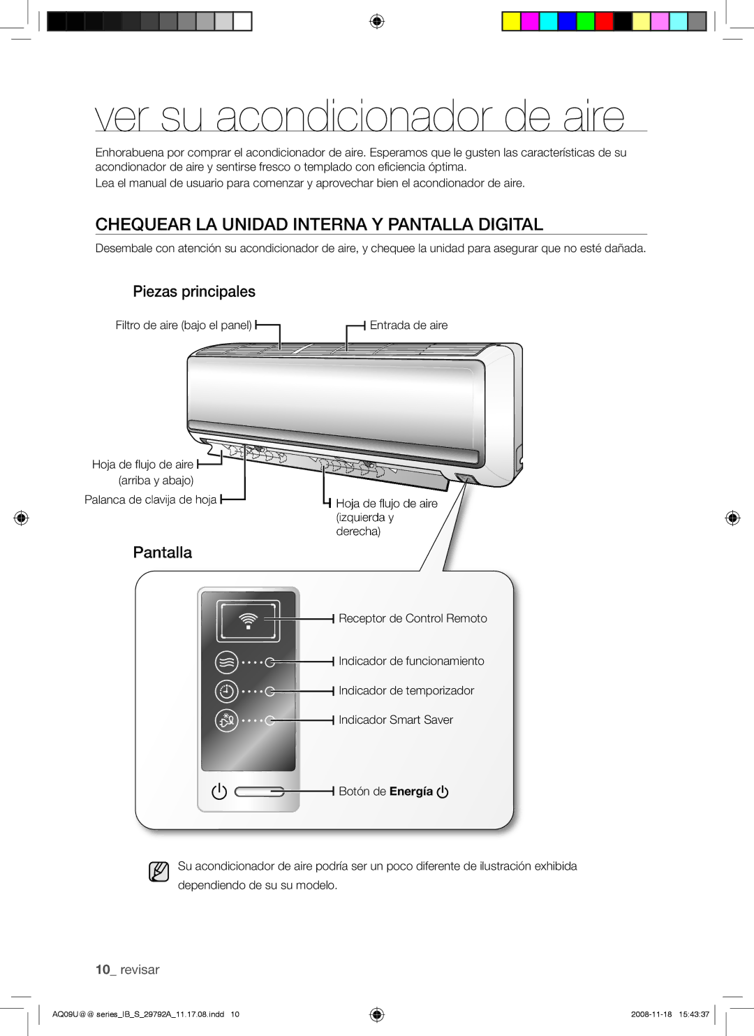 Samsung AQV24UGAN manual Ver su acondicionador de aire, Chequear LA Unidad Interna Y Pantalla Digital, Piezas principales 