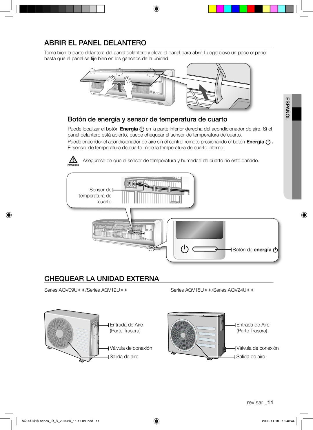 Samsung AQV18UGAN Abrir EL Panel Delantero, Chequear LA Unidad Externa, Botón de energía y sensor de temperatura de cuarto 