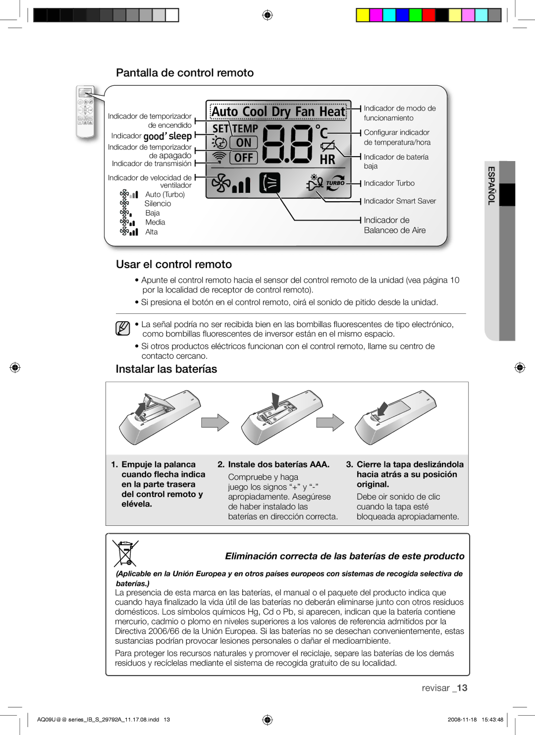 Samsung AQV12UGAN, AQV09UGAN, AQV24UGAX, AQV24UGAN Pantalla de control remoto, Usar el control remoto, Instalar las baterías 