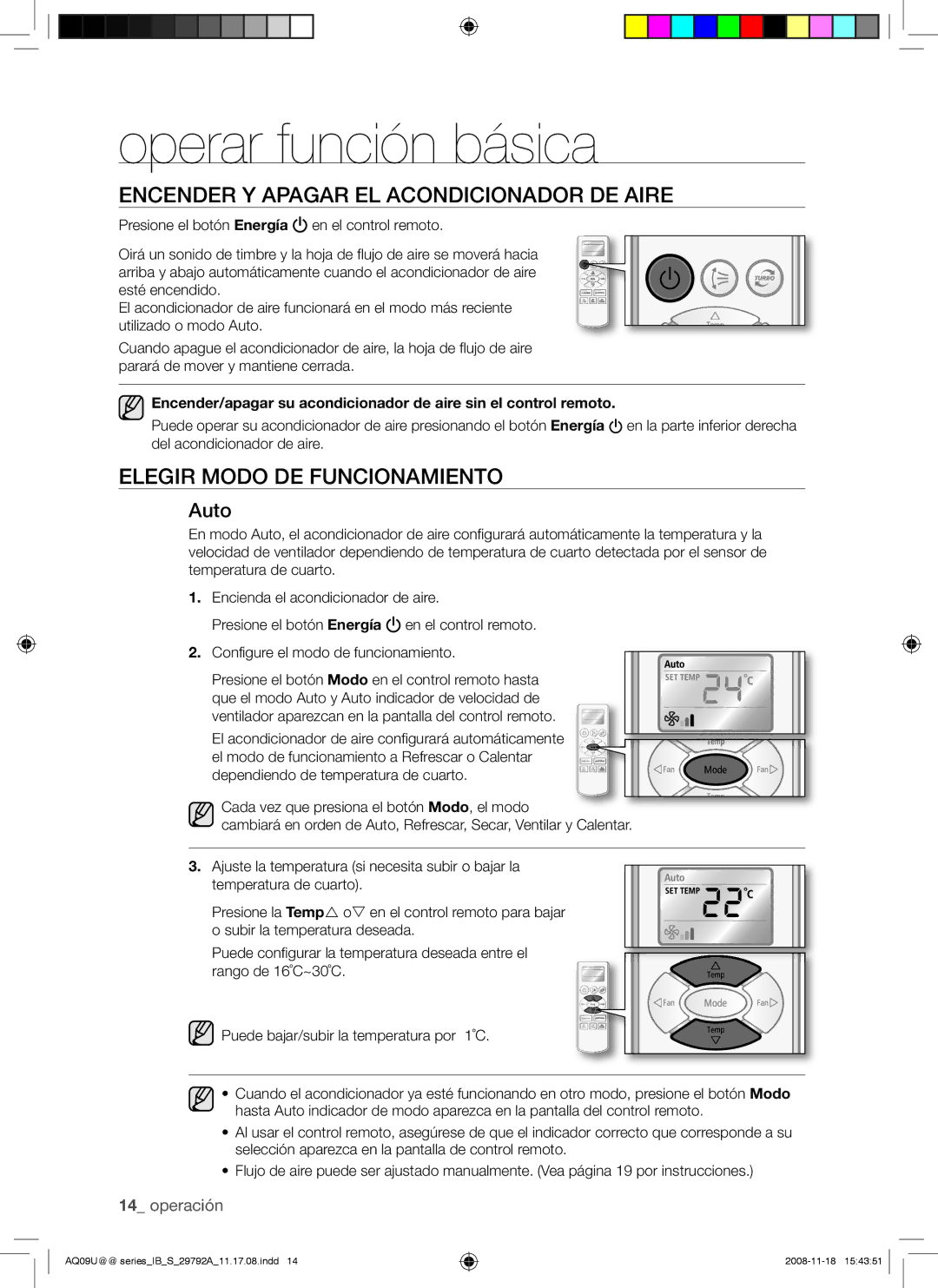 Samsung AQV12UGAX Operar función básica, Encender Y Apagar EL Acondicionador DE Aire, Elegir Modo DE Funcionamiento, Auto 