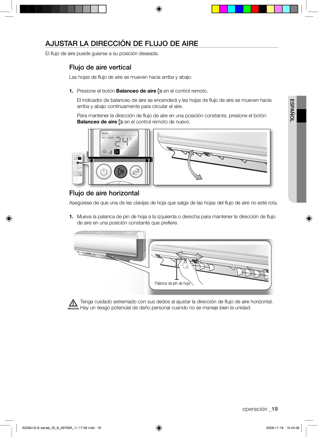 Samsung AQV18UGAN, AQV09UGAN manual Ajustar LA Dirección DE Flujo DE Aire, Flujo de aire vertical, Flujo de aire horizontal 