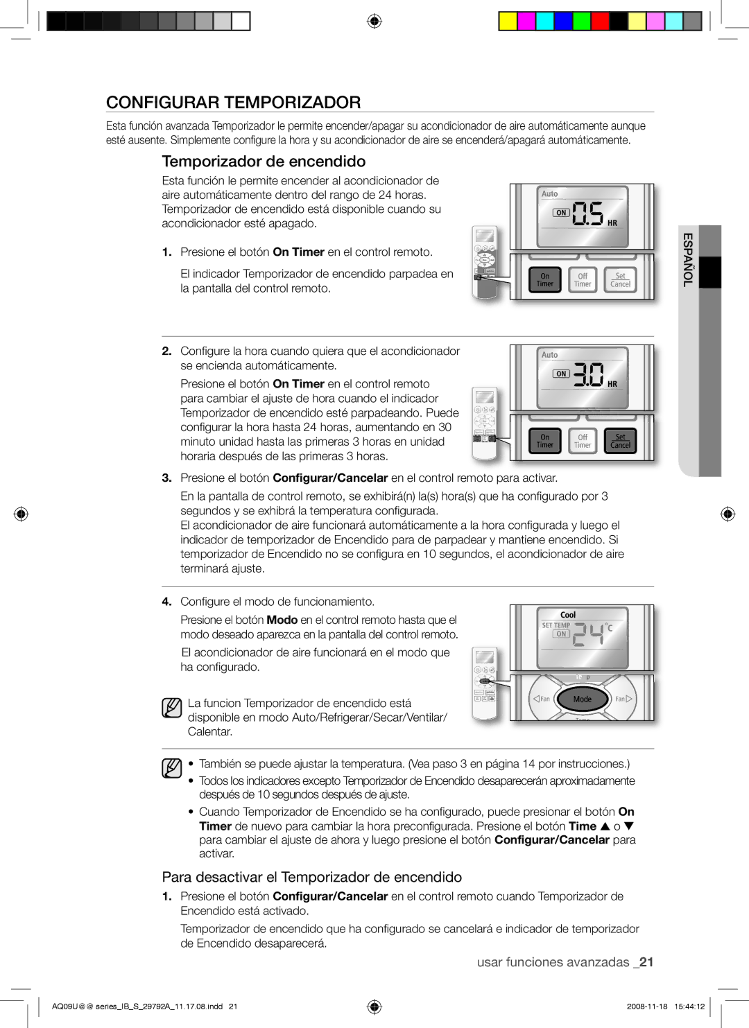 Samsung AQV12UGAN, AQV09UGAN, AQV24UGAX, AQV24UGAN Configurar Temporizador, Para desactivar el Temporizador de encendido 