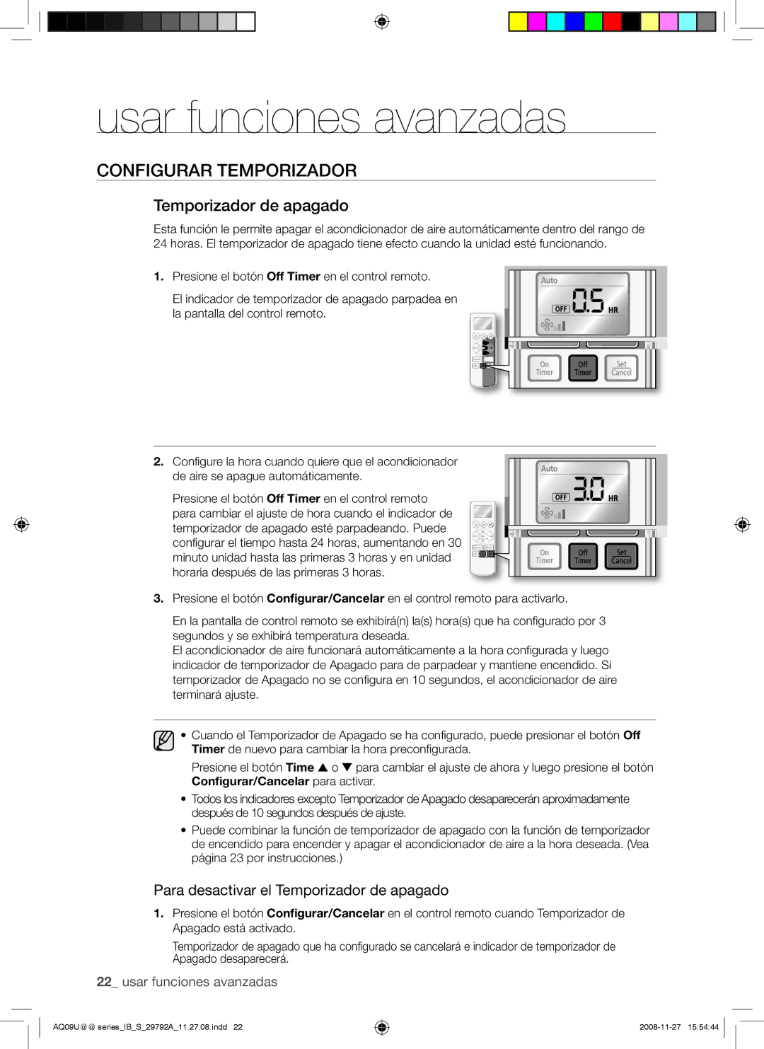 Samsung AQV12UGAX, AQV09UGAN, AQV24UGAX, AQV24UGAN, AQV18UGAN, AQV18UGAX manual Para desactivar el Temporizador de apagado 