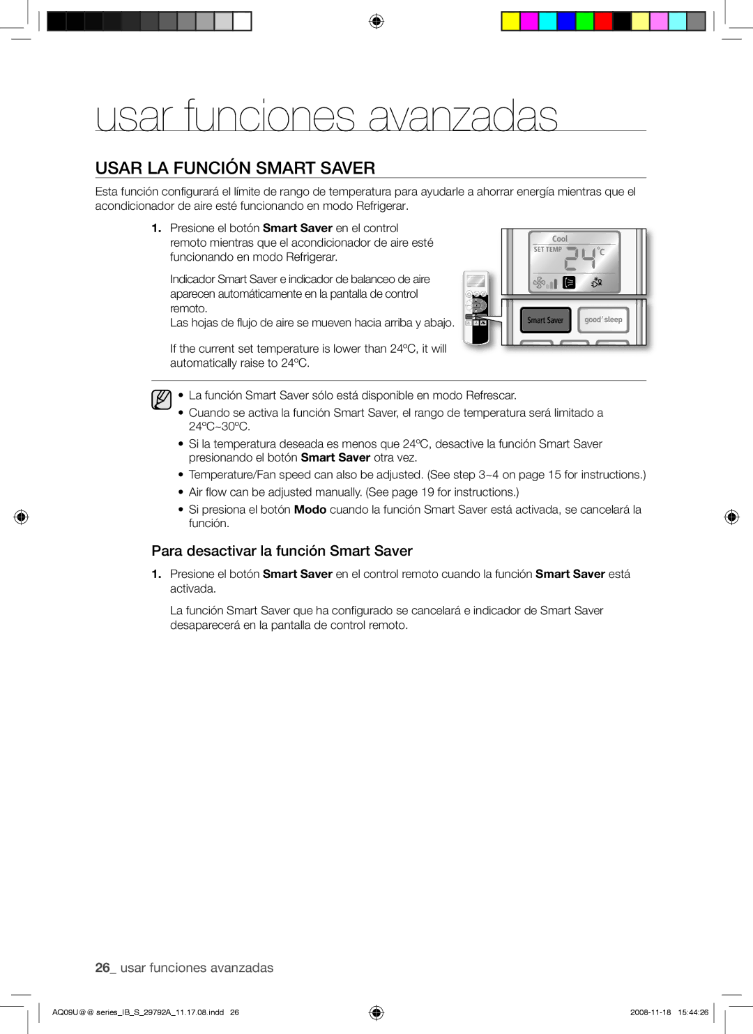 Samsung AQV24UGAN, AQV09UGAN, AQV24UGAX, AQV18UGAN manual Usar LA Función Smart Saver, Para desactivar la función Smart Saver 