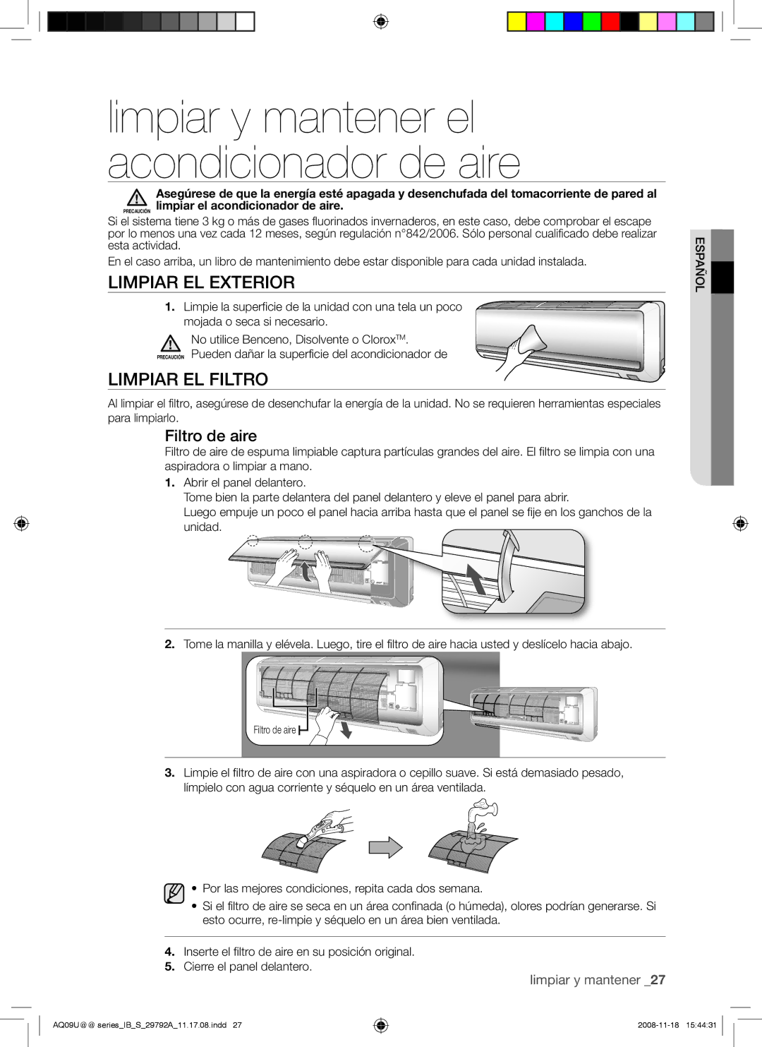 Samsung AQV18UGAN, AQV09UGAN, AQV24UGAX, AQV24UGAN, AQV18UGAX manual Limpiar EL Exterior, Limpiar EL Filtro, Filtro de aire 