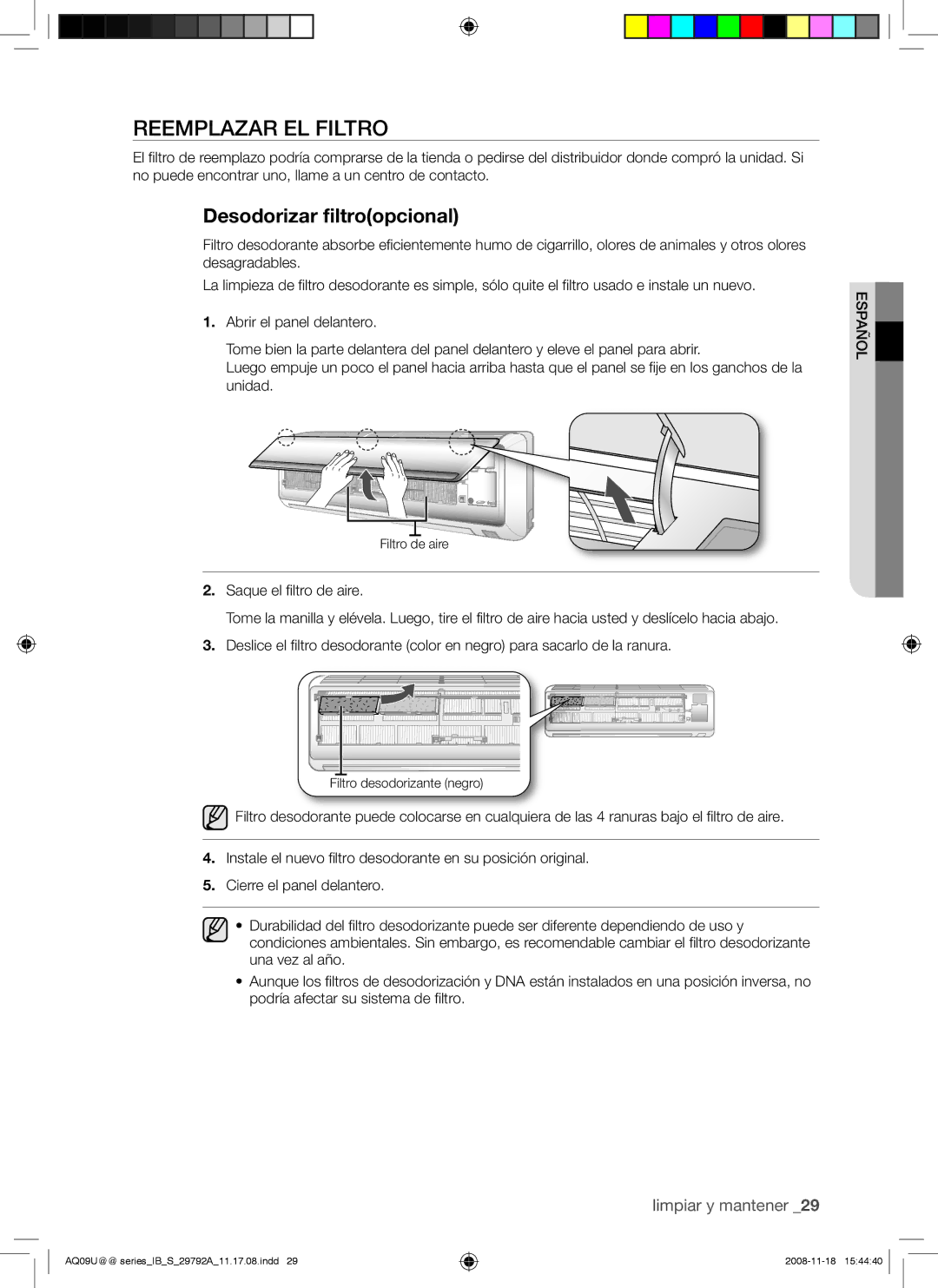 Samsung AQV12UGAN, AQV09UGAN, AQV24UGAX, AQV24UGAN, AQV18UGAN, AQV18UGAX manual Reemplazar EL Filtro, Desodorizar filtroopcional 